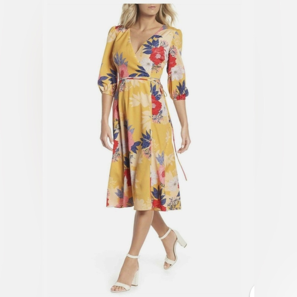 Floral Wrap Midi Dress in Mustard Yellow